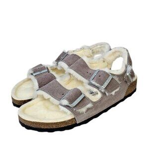 Birkenstock Womens  Milano Suede Shearling Sandals, Faded Purple, Narrow, 40 / 9
